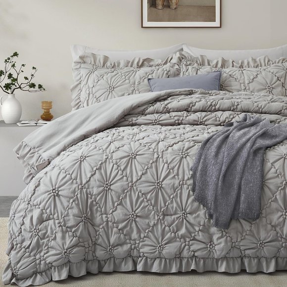 Queen Size Bed Comforter Set Gray Ruffle Grey Shabby Cottage Chic Bedding New - Picture 2 of 7